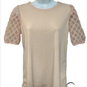 Cato Women’s small Short Lace Style Sleeve Light Peach Crew Neck Blouse